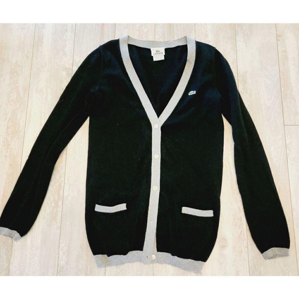 Lacoste 36 Preppy Cardigan Sweater Vintage Black Cashmere Cotton Blend‎  FC1005